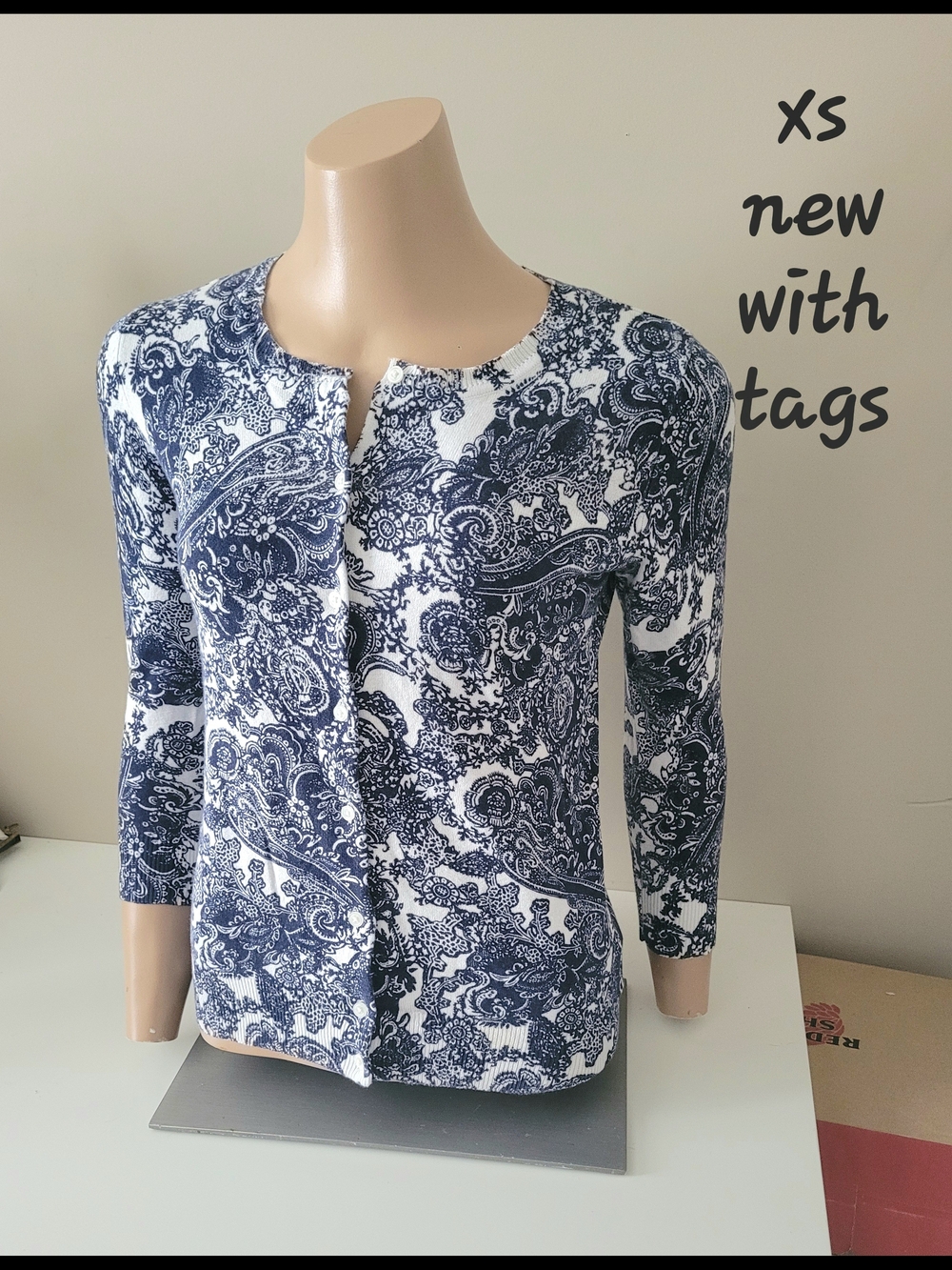Joe Navy Blue and White Paisley Cardigan - Picture 2 of 2